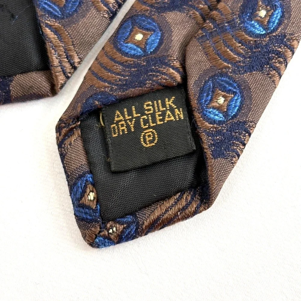 Benjamin James Silk Tie Brown Blue Geometric Medallion‎ Made in England